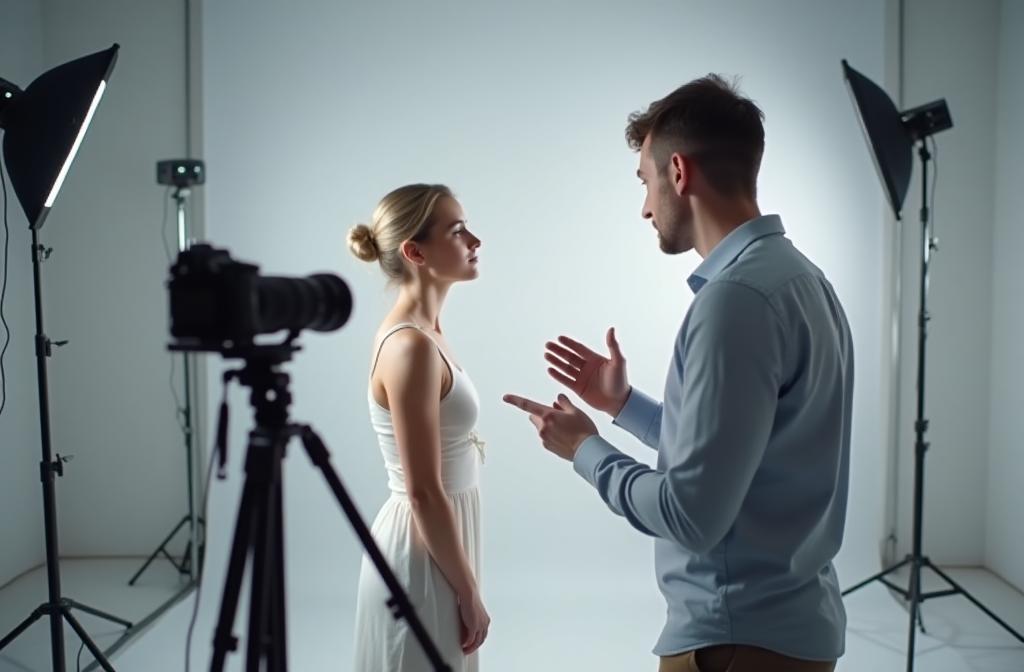 Photographer taking a portrait in a modern studio setting