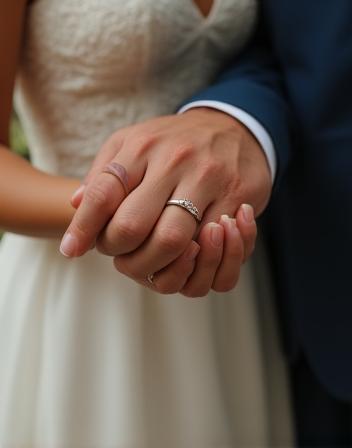 Couple holding hands on wedding day